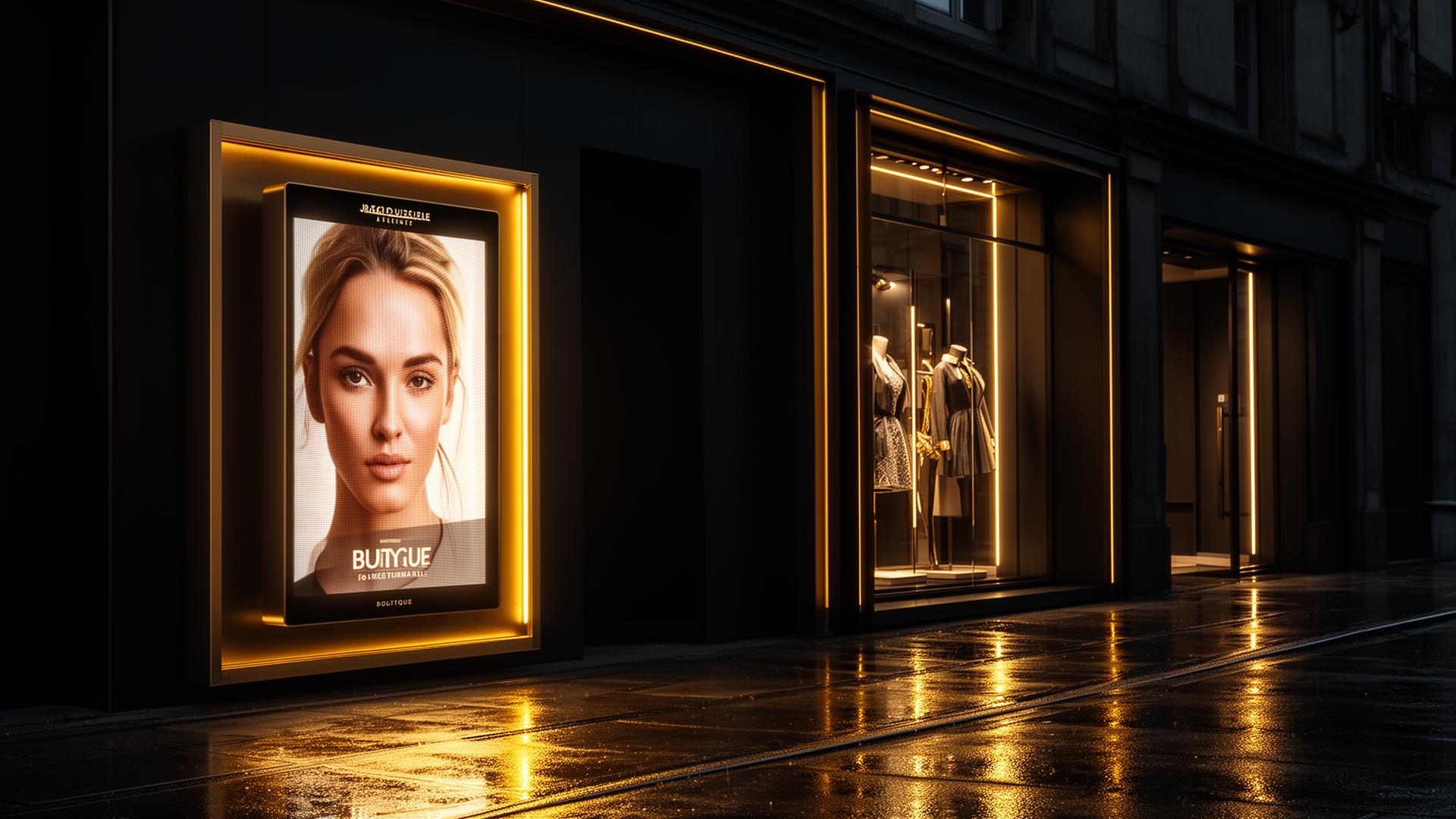 Illuminated digital storefront display at night
